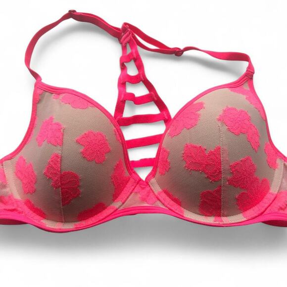 Victorias secret PINK lace bra 34C EUC Pink /tan Floral Push up under wire Sexy - Picture 1 of 3